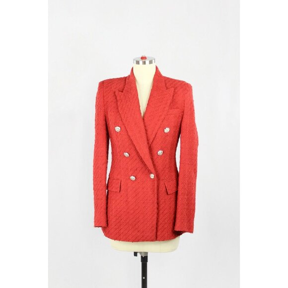 ZARA Red Boucle Tweed Double Breasted Kate Middleton Blazer Suit Jacket, Size XS - Picture 1 of 16